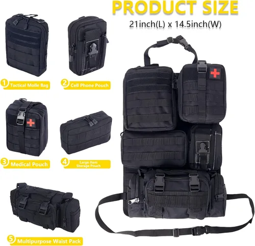 Miniatura 2 de Organizador táctico universal para respaldo de asiento, panel Molle para vehículo, bolsa de almacenamiento con 5 bolsas Molle desmontables