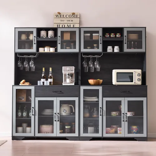 Miniatura 10 de Fatmok - Armario de despensa de 71 pulgadas, gabinete de almacenamiento para barra de café con estación de carga y luces LED, alacena alta de cocina