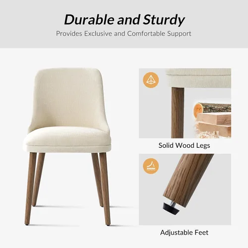 Miniatura 4 de HULALA HOME Juego de 2 sillas de comedor tapizadas de tela marfil con patas de madera maciza, respaldo acolchado, sillas decorativas modernas