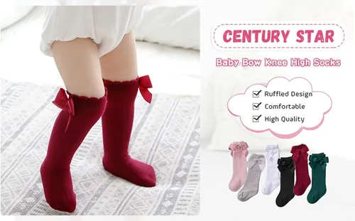 Miniatura 4 de Century Star Calcetines altos con lazo para niñas y bebés, calcetines de tubo con volantes, para uniforme escolar, leggings largos
