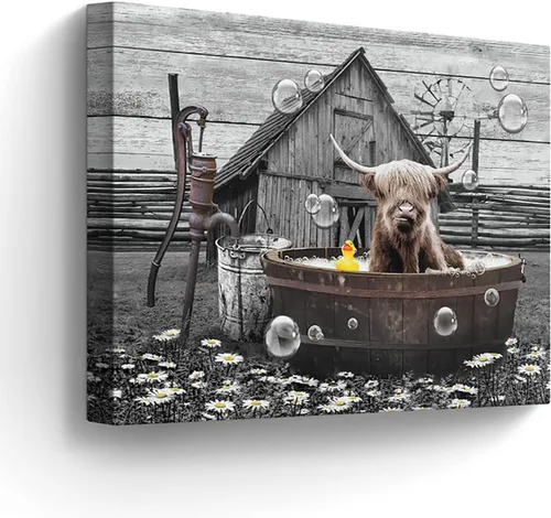 Miniatura 8 de Divertido arte de pared de vaca de las tierras altas, imágenes de baño, decoración de granja, 12 x 16 pulgadas enmarcado