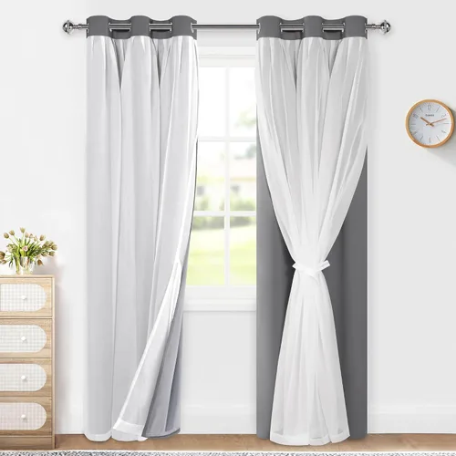Miniatura 22 de XWZO Cortinas 100% opacas de doble capa para guardería, cortinas opacas con superposición transparente para dormitorio de niñas, cortinas