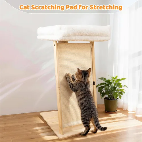 Miniatura 6 de Poste rascador para gatos de 31.5 pulgadas, muebles multifuncionales de madera de pino natural 3 en 1, postes altos para rascar con percha
