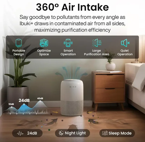 Miniatura 6 de MIKO Purificador de aire para dormitorio con filtro HEPA 3 en 1 y modo de sueño, silencioso como un susurro, cubre hasta 1200 pies cuadrados, Gris