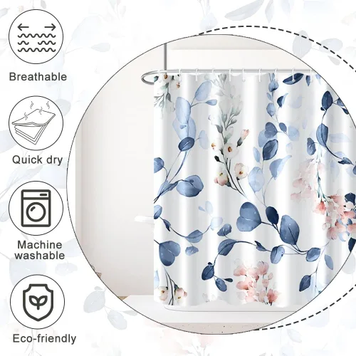 Miniatura 6 de Cortina de ducha pequeña de eucalipto azul acuarela, juego de cortinas de ducha pequeñas impermeables con diseño floral de primavera con ganchos, 36