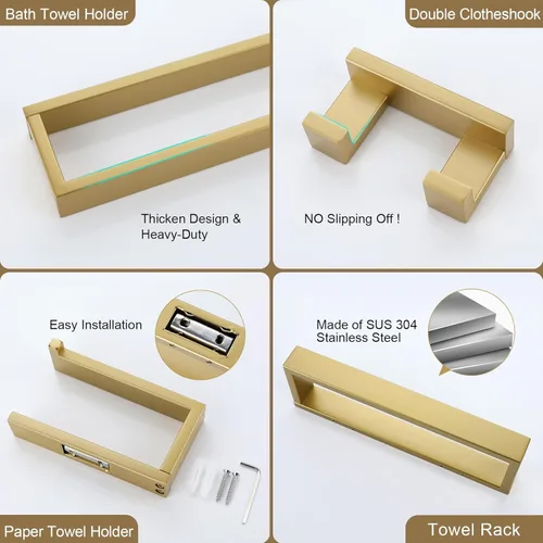 Miniatura 4 de Lairuier Juego de accesorios de hardware de baño, juego de hardware de baño de 4 piezas en oro cepillado que incluye barra de toallas, soporte