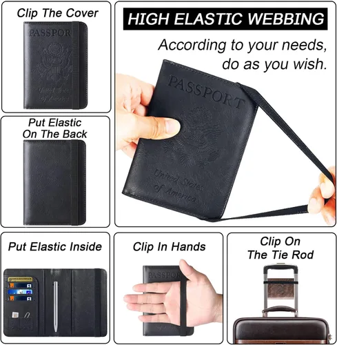 Miniatura 3 de Funda para pasaporte, cartera, artículos esenciales de viaje, de cuero, estuche con bloqueo RFID, equipaje de vacaciones, artículos imprescindibles