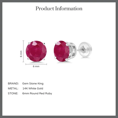 Miniatura 5 de Gem Stone King Pendientes de tuerca de oro blanco y rojo de 14 quilates para mujer