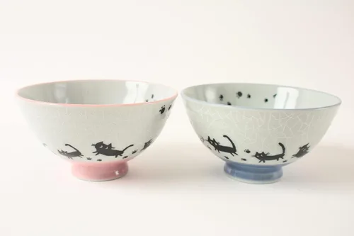 Miniatura 5 de Mino ware - Par de cuencos de arroz japoneses (2 unidades), fabricado en Japón (importación de Japón) MIG005 (gato negro)