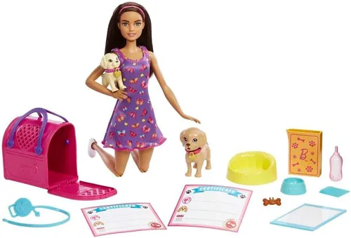 Set de Muñeca de Adopción de Cachorro Barbie y Accesorios con Cambio de Color, 2 Mascotas, Portabebés y 10 Accesorios, Morena con Vestido Morado