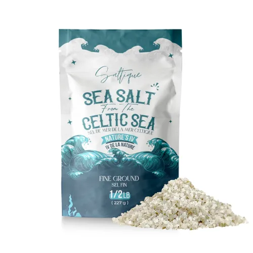 Sal marina francesa fina del mar celta, 1/2 libras, 100% sal marina sin refinar empaquetada con 82 minerales que te ayudan a mantenerte hidratado,