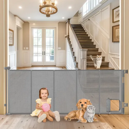 Miniatura 10 de Puerta retráctil extra ancha reforzada de 90 pulgadas para bebés con puerta para gatos, puertas retráctiles de 33 pulgadas de alto para perros Blanco