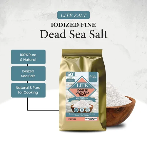 Miniatura 3 de Pacific Pelican Sal yodada del Mar Muerto Lite - Grano fino Kosher sin refinar, natural yodada, sal baja en sodio para cocinar, condimentar