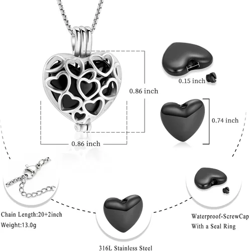 Miniatura 42 de Collar con medallón de cremación conmemorativa con corazón eterno con mini urna para cenizas de seres queridos