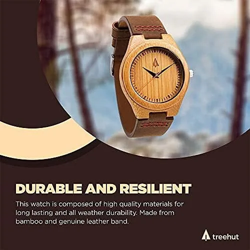 Miniatura 5 de Treehut - Reloj de pulsera analógico para hombres, de madera con correa de piel auténtica, estilo elegante., Marrón Natural 1