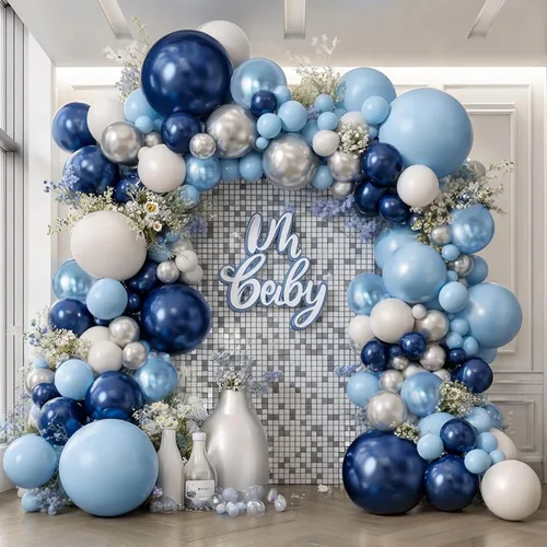 Kit de arco de globos azules, blancos y plateados, guirnalda de globos azul marino oscuro perla azul claro metálico con globo blanco plateado