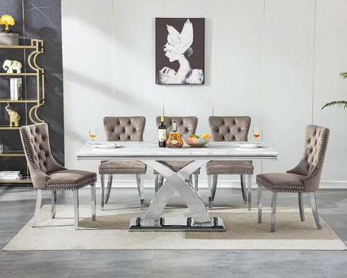 Miniatura 2 de Juego de mesa de comedor de mármol de lujo de 70 pulgadas para 4, juegos de mesa de cocina blanco y dorado para 4, mesa de comedor moderna de mármol