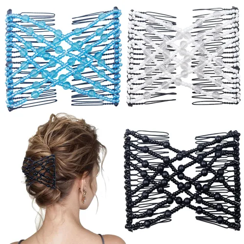 3 piezas de peine elástico mágico para el cabello, doble peine elástico, horquillas para mujeres, horquillas con cuentas, niñas, peinado vintage,