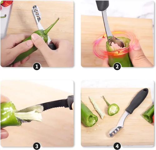Miniatura 6 de Descorazonador de pimienta jalapeño y calabacín/pepino, juego de 2, herramienta de cocina con núcleo de acero inoxidable con rebanada dentada