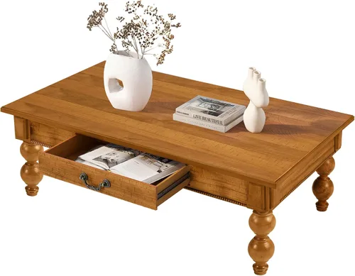 Miniatura 13 de Homora Mesa auxiliar rectangular de madera con cajón de almacenamiento, mesa de cóctel vintage con patas de madera maciza en forma de calabaza, mesa