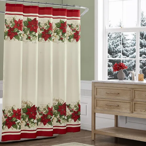 Elrene Home Fashions - Cortina de ducha de tela de Navidad con flores de pascua rojas y blancas, 70 pulgadas x 72 pulgadas