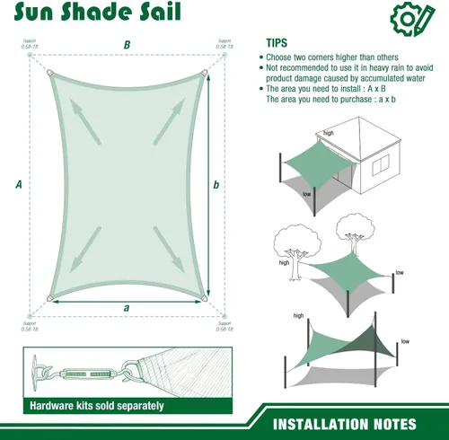 Miniatura 7 de Toldo tipo vela rectangular de 10 x 15 pies, toldo para exteriores, cubierta de bloqueo UV, borde curvado con anillos en D, tela permeable