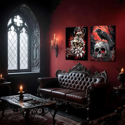 Miniatura 7 de Lienzo de pared de Halloween con marco de madera gótica para sala de estar, juego de 3 impresiones románticas de cuervo y mariposa, decoración