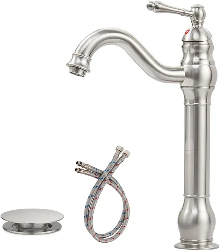 Grifo de fregadero de níquel cepillado giratorio de 360° para baño, un solo agujero, casa de campo, alto, comercial, a juego, drenaje desplegable