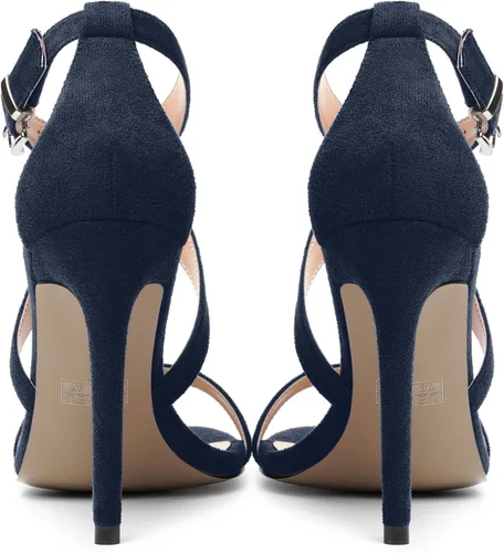 Miniatura 4 de ROSERWISH Sandalias de tacón alto con hebilla de gamuza para mujer, con puntera abierta, correa al tobillo, de 4 pulgadas