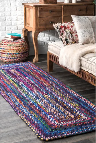 nuLOOM Tammara - Alfombra bohemia trenzada a mano, algodón, hecha a mano, ecológica, colorida, roja, azul, rosa, amarillo