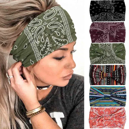 Olbye Diademas anchas bohemias anudadas turbante elásticas antideslizantes florales diademas para entrenamiento para la cabeza, bandana bohemia para