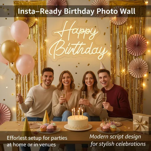 Miniatura 6 de Letrero de neón de feliz cumpleaños, 22 x 16.9 pulgadas, grande, blanco cálido, regulable, luz LED, telón de fondo de neón para decoración de pared