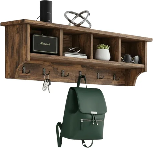 Alaterre Furniture Perchero Industrial Pomona de 48 Pulgadas Montado en Pared con 6 Ganchos Resistentes y 4 Compartimentos Abiertos, Organizador de