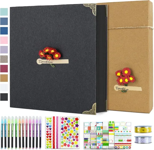 Miniatura 19 de Vienrose Kit de álbum de fotos de bricolaje con bolígrafos, cintas y calcomanías, 60 páginas, tapa dura de 8.5 x 11 pulgadas, 3 anillos, papel negro