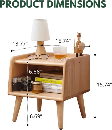 Miniatura 3 de Mesita de noche de madera maciza 100% natural con almacenamiento abierto, elegante mesita de noche moderna de mediados de siglo para dormitorio, 2