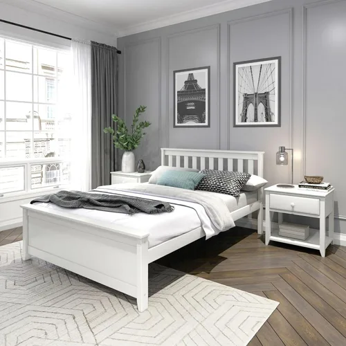 Miniatura 20 de Plank+Beam Estructura de cama individual de madera maciza, cama plataforma con cabecero, color nogal