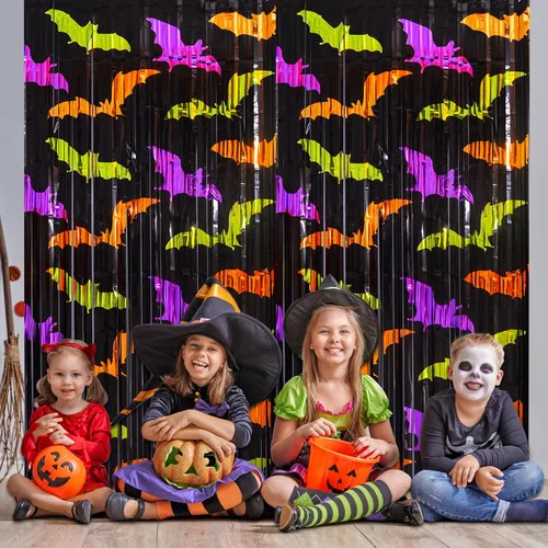 Miniatura 7 de Mega-L - Decoraciones de fiesta de Halloween, paquete de 2 unidades, verde, naranja, morado, patrón de murciélago, accesorios para cabina de fotos
