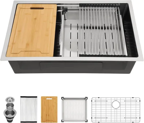 Miniatura 35 de Lordear Fregadero de cocina de montaje inferior de 23 pulgadas, estación de trabajo, fregadero de cocina de acero inoxidable calibre 16, cuenco