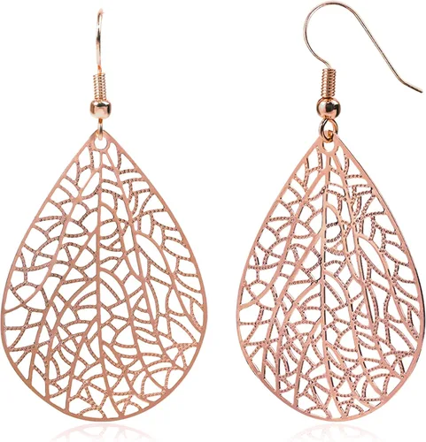 Miniatura 13 de 14K Gold Plated Silver Rose Gold Teardrop Filigree Dangle Earrings Lightweight Leaf Drop Earrings for Christmas Gift