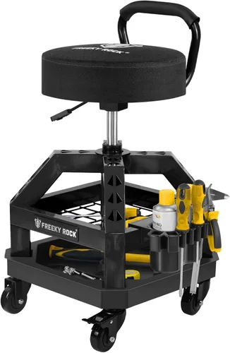 Miniatura 10 de Rolling Shop Taburete con ruedas, silla de taller mecánico de garaje con respaldo de asa, taburete de trabajo de altura ajustable, asiento