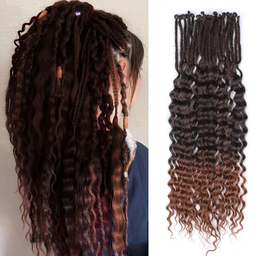 Miniatura 42 de Extensiones de rastas trenzadas bohemias de 24 pulgadas, 10 hebras de rastas sintéticas rizadas color marrón degradado con trenza de caja, rastas