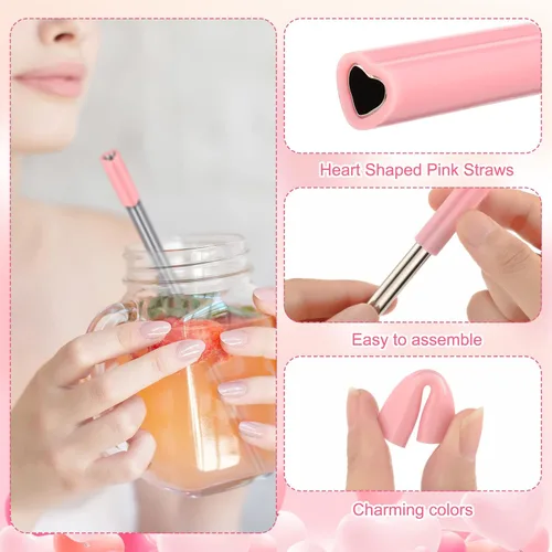 Miniatura 3 de Jutom Paquete de 8 pajitas de metal con forma de corazón, reutilizables, de acero inoxidable con puntas de silicona, lindas con 2 cepillos de Rosa