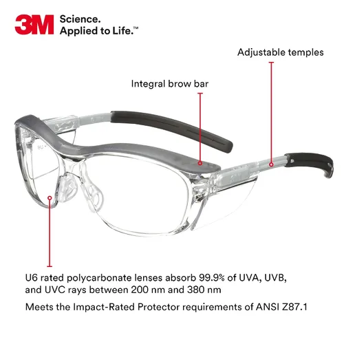 Miniatura 3 de 3M Gafas de seguridad, Nuvo, 1 par, ANSI Z87, lente transparente antiniebla, montura gris retro, puente de nariz suave, barra de cejas integral