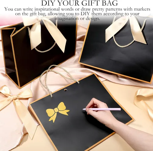 Miniatura 3 de Silkfly 24 bolsas de regalo con asas para dama de honor, 12 x 10 x 4 pulgadas, elegantes bolsas de regalo de bienvenida de boda con lazo para Negro
