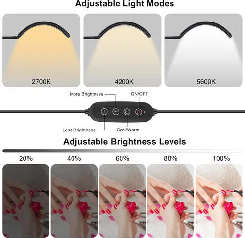 Miniatura 3 de Lámpara de escritorio LED profesional de media luna para técnicos y artistas de uñas, lámpara flexible de cuello de cisne con abrazadera, 5 modos