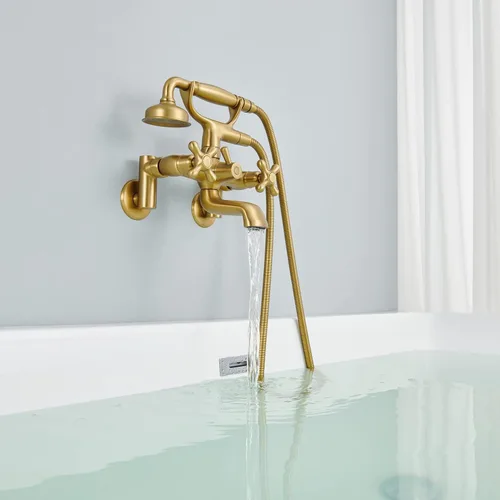 Miniatura 5 de Clawfoot - Grifo de bañera de montaje en pared, grifos de bañera de oro cepillado con ducha de mano, con forma de teléfono vintage, ajustable de 3 a