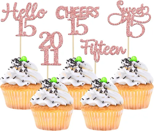 Miniatura 60 de Gyufise Paquete de 24 adornos negros para cupcakes de 10.º cumpleaños con purpurina negra 10 Ten Hello 10 Dights dobles desde 2015 para decoraciones
