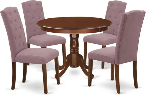 Miniatura 15 de East West Furniture HLCE5-LWH-15 - Juego de mesa de comedor de 5 piezas para 4 personas, incluye una mesa de cocina redonda con pedestal y 4 sillas