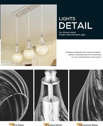 Miniatura 2 de TENGXIN Lámpara colgante de 3 luces para islas de cocina, níquel cepillado de 6 pulgadas con vidrio a rayas, estilo granja, ideal para comedores
