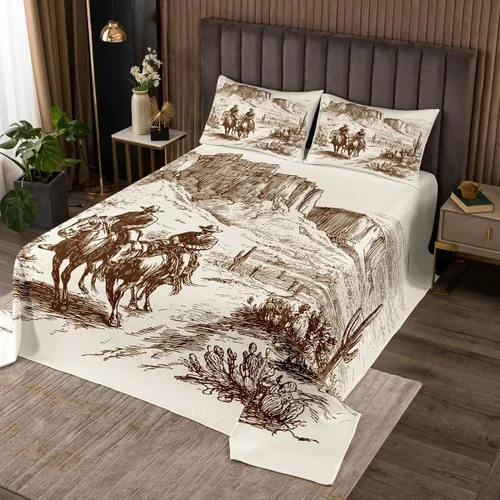 Miniatura 5 de Erosebridal Colcha occidental tamaño Queen Cowboy Colcha Americana Salvaje Oeste desierto dibujado a mano ilustración colcha temática país Multi 001